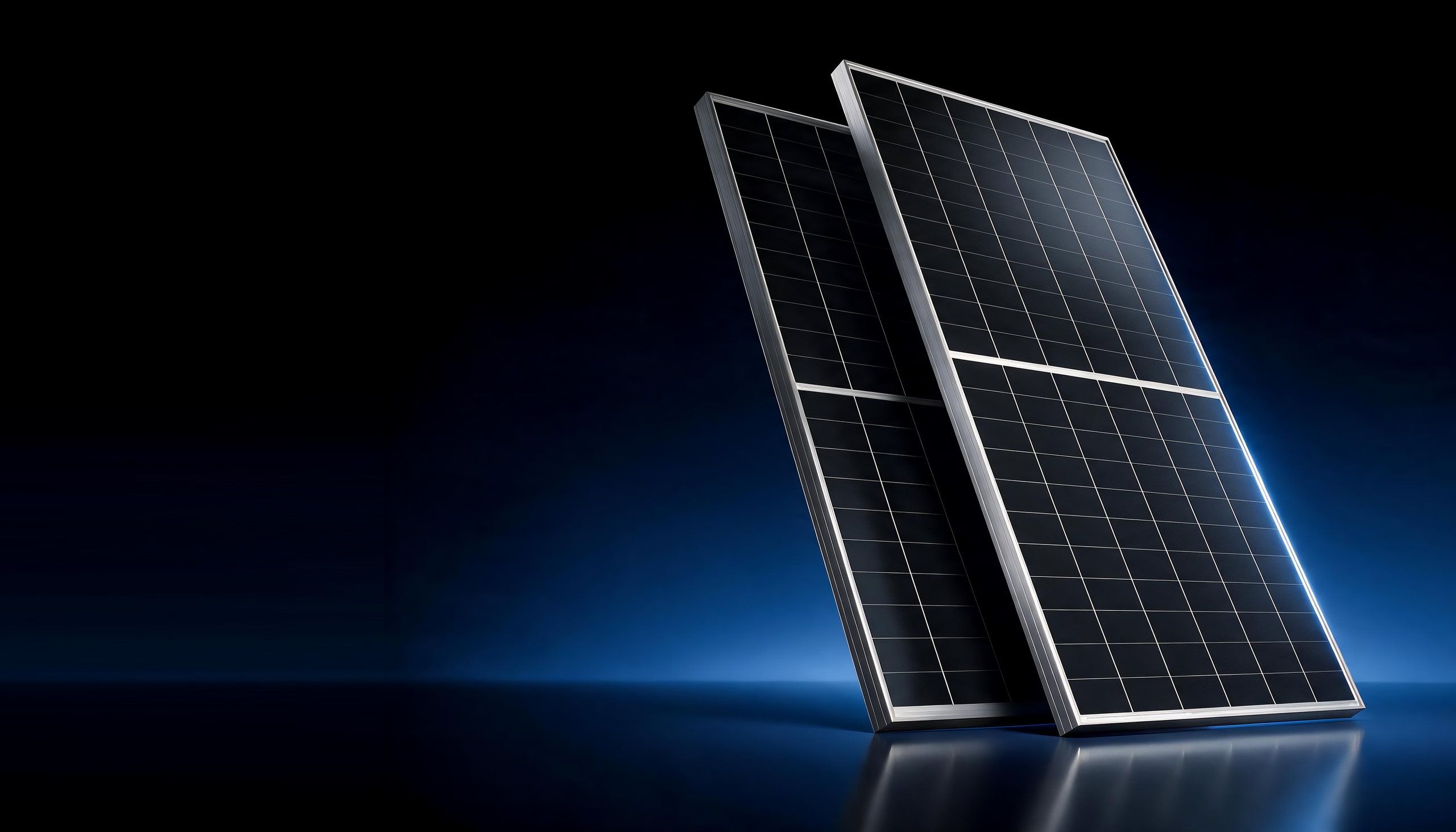 Two silver-framed bifacial solar modules standing side by side